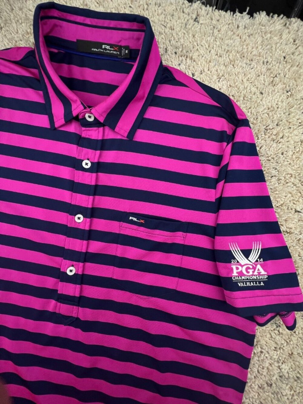 Ralph Lauren RLX Striped Polo Shirt Blue Pink Short Sleeve Medium PGA Valhalla